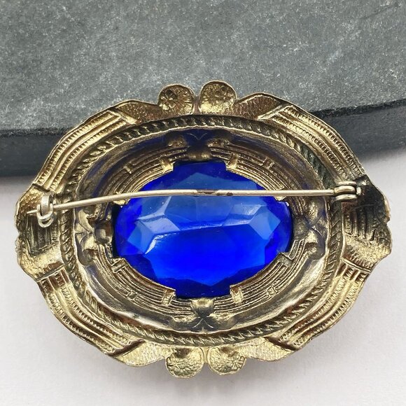 ANTIQUE Cobalt blue glass and aged silver tone metal brooch ~ Big Edwardian pin - Picture 10 of 10